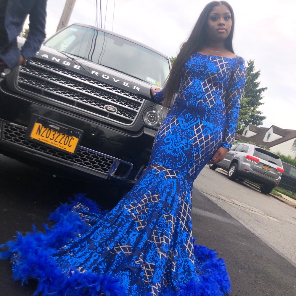 Custom Blue and Gold Prom Gown